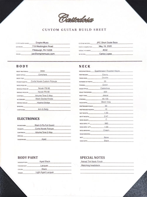 Castedosa Guitars JPC Short Scale Bass - Aged Black #532