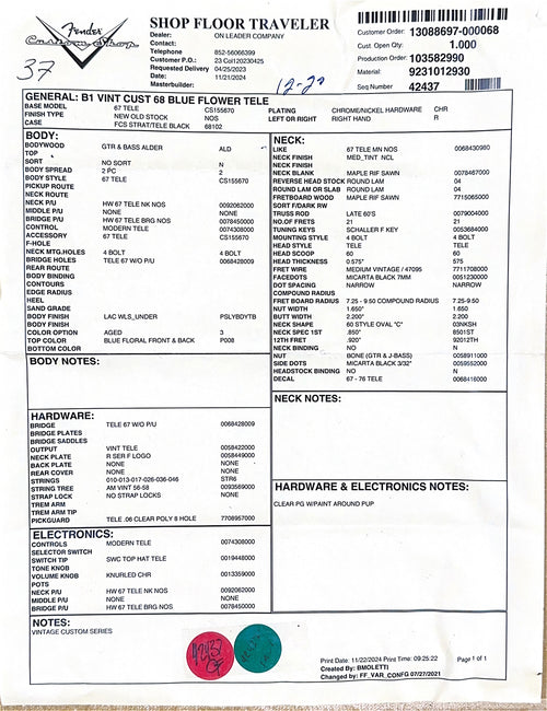 Fender Custom Shop Vintage Custom '68 Blue Flower Telecaster NOS #38787