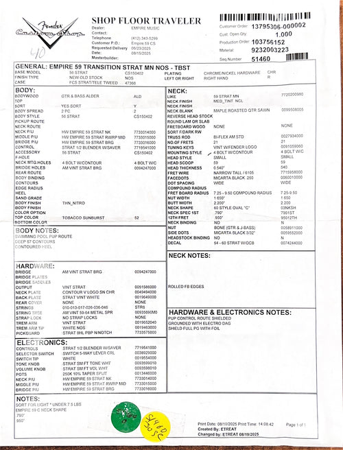 Fender Custom Shop Empire 59 Transition Stratocaster NOS - Tobacco Sunburst #17427