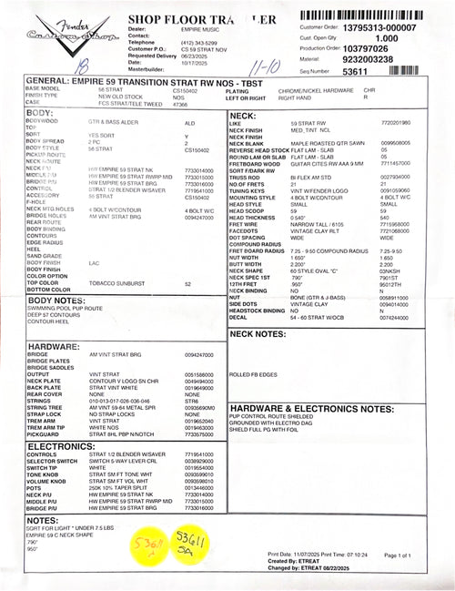 Fender Custom Shop Empire 59 Transition Stratocaster NOS - Tobacco Sunburst #19195