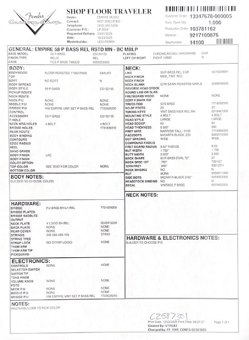 Fender Custom Shop Masterbuilt Levi Perry Empire 58 Precision Bass Relic - Aged Fiesta Red #87301