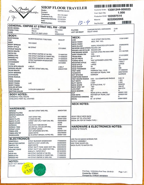 Fender Custom Shop Empire 67 Stratocaster Relic - 3-Color Sunburst #82401