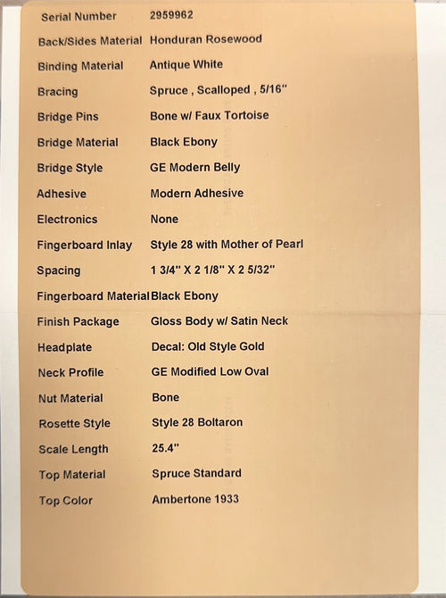 Martin Custom Shop D-28 Style Honduran Rosewood - 1933 Ambertone #59962 (Empire Music Spec)