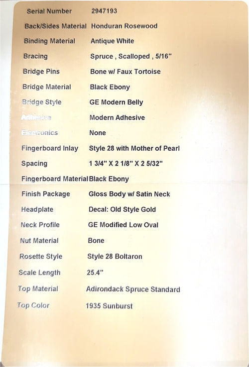 Martin Custom Shop D-28 Style Adirondack Spruce/Honduran Rosewood - 1935 Sunburst #47193 (Empire Music Spec)