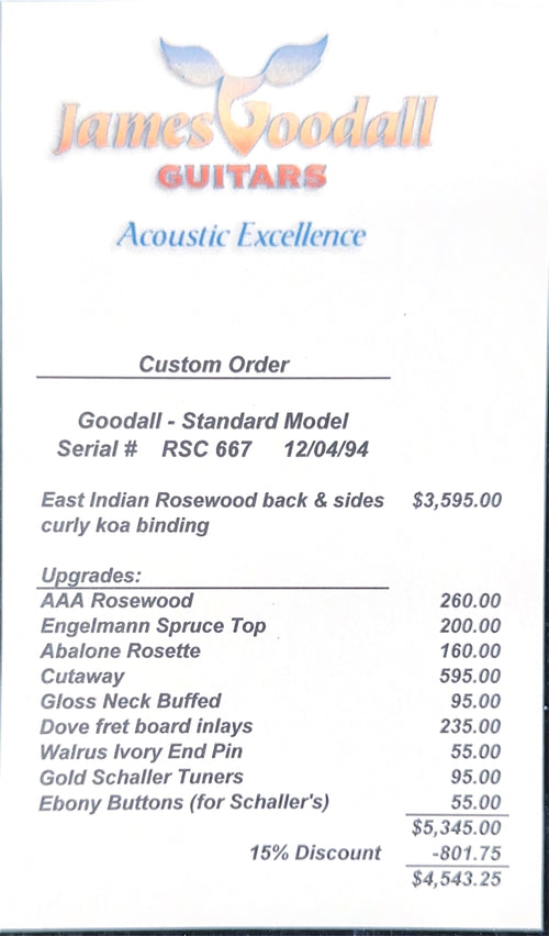 Used Goodall Custom Standard AAA Rosewood/Engleman Spruce (1994) #RSC667 with Original Hard Case