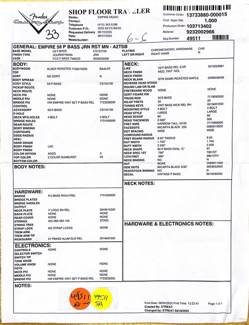 Fender Custom Shop Empire 58 Precision Bass Journeyman Relic - Aged 2-Color Sunburst #86942