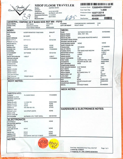 Fender Custom Shop Empire 58 Precision Bass NOS - Frost Gold #84964