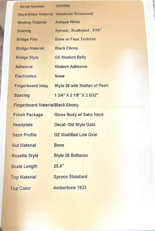 Martin Custom Shop D-28 Style Honduran Rosewood - 1933 Ambertone #59960 (Empire Music Spec)