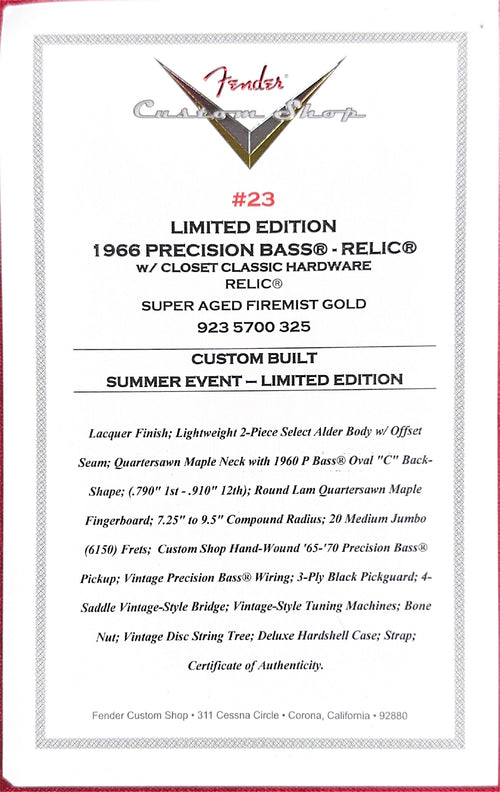 Fender Custom Shop LTD 1966 Precision Bass Relic - Super Aged Firemist Gold #38869