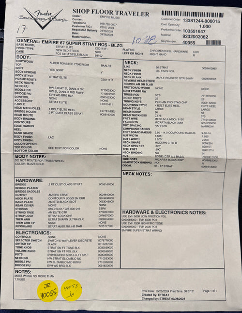 Fender Custom Shop Empire 67 Super Stratocaster HSS NOS - Blaze Gold #17376 (Open Box)