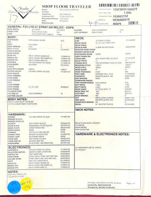 Fender Custom Shop Limited Edition 1957 Stratocaster Relic/Closet Classic Hardware - Gold Sparkle #81652