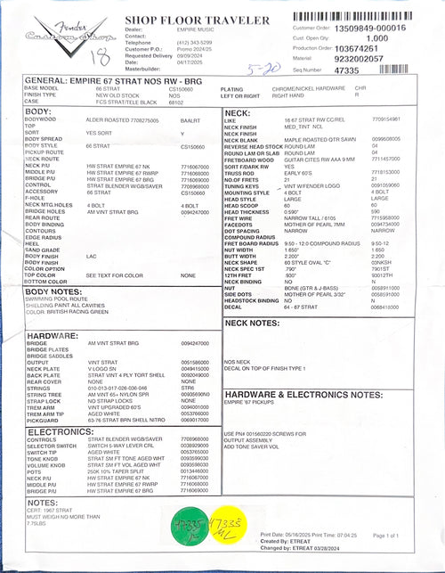 Fender Custom Shop Empire 67 Stratocaster NOS - British Racing Green #85004