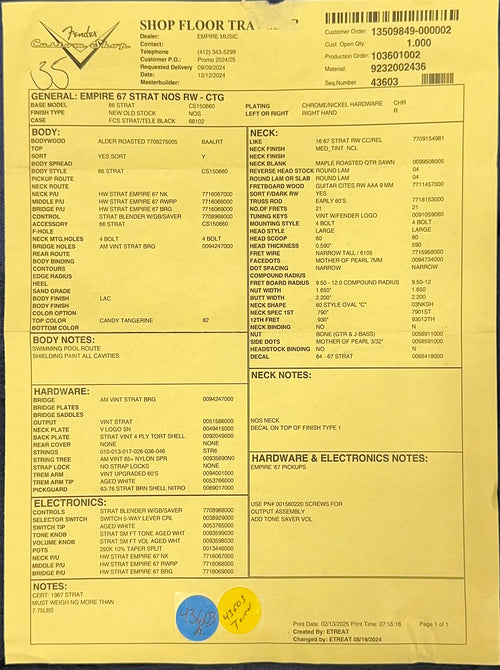 Fender Custom Shop Empire 67 Stratocaster NOS - Candy Tangerine #84540