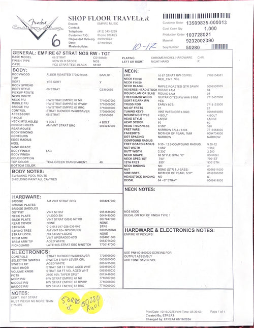 Fender Custom Shop Empire 67 Stratocaster NOS - Teal Green Transparent #87763