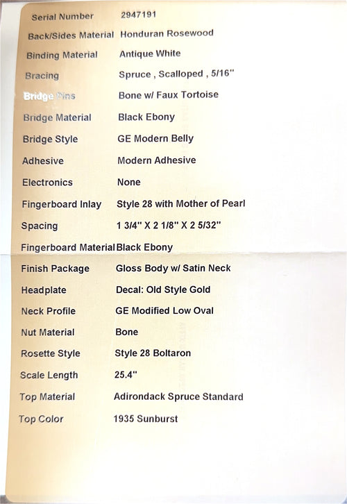 Martin Custom Shop D-28 Style Adirondack Spruce/Honduran Rosewood - 1935 Sunburst #47191 (Empire Music Spec)