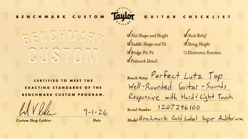 Taylor Benchmark Custom Gold Label Super Auditorium Lutz Spruce and Honduran Rosewood #96100