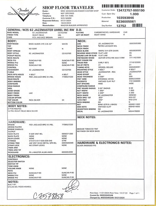 Fender Custom Shop NAMM Masterbuilt Apprentice Dylan Delpizzo-Howell 1962 Jazzmaster Ultra Heavy Relic - Inca Silver #78858