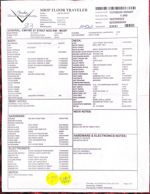 Fender Custom Shop Empire 67 Stratocaster NOS - Magenta Sparkle #88702