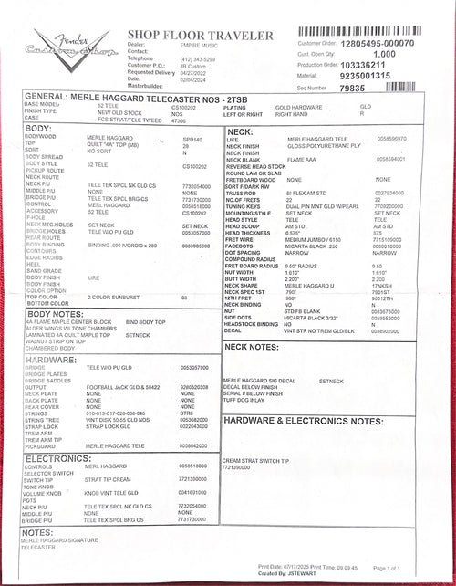 Fender Custom Shop Merle Haggard Telecaster NOS - 2-Color Sunburst #44603