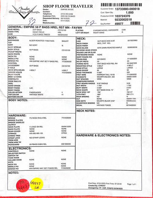 Fender Custom Shop Empire 58 Precision Bass Heavy Relic - Faded Aged Vintage White #87548