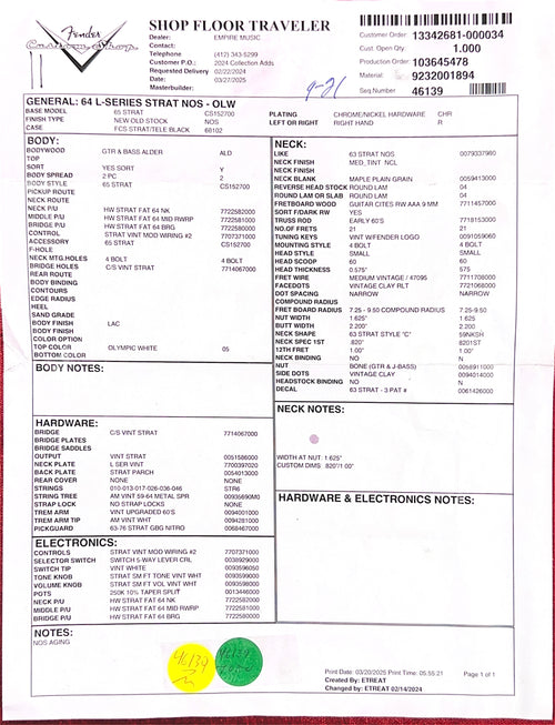Fender Custom Shop Limited Edition 1964 L-Series Stratocaster NOS - Olympic White #11809
