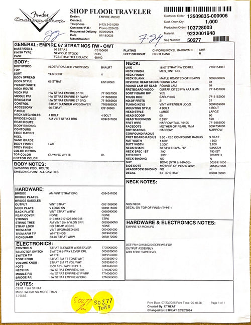 Fender Custom Shop Empire 67 Stratocaster NOS - Olympic White #87876