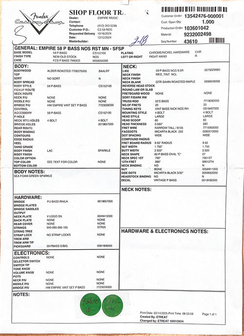 Fender Custom Shop Empire '58 Precision Bass NOS - Seafoam Green Sparkle #84548