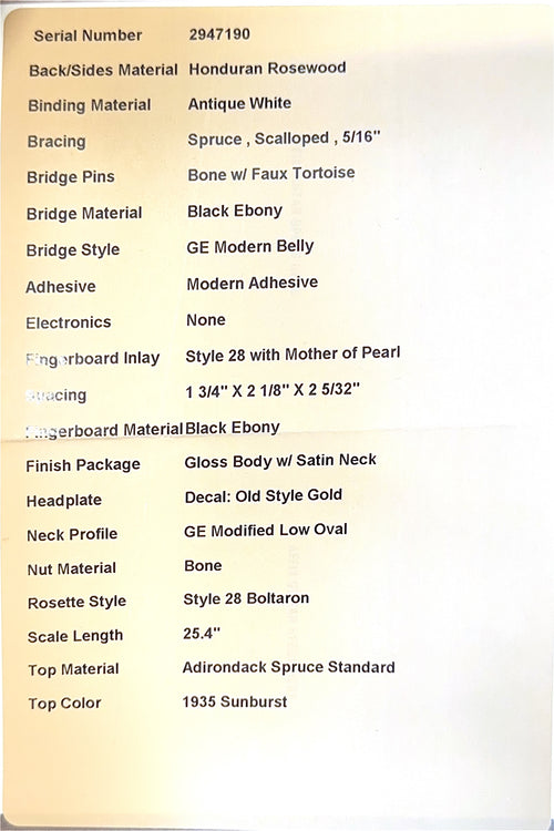 Martin Custom Shop D-28 Style Adirondack Spruce/Honduran Rosewood - 1935 Sunburst #47190 (Empire Music Spec)