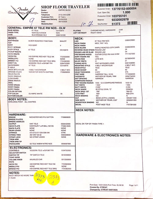 Fender Custom Shop Empire 67 Telecaster NOS - Olympic White #36692