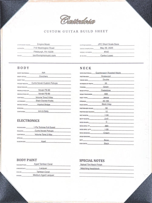 Castedosa Guitars JPC Short Scale Bass - Aged Tahitian Coral #542 (Empire Exclusive)