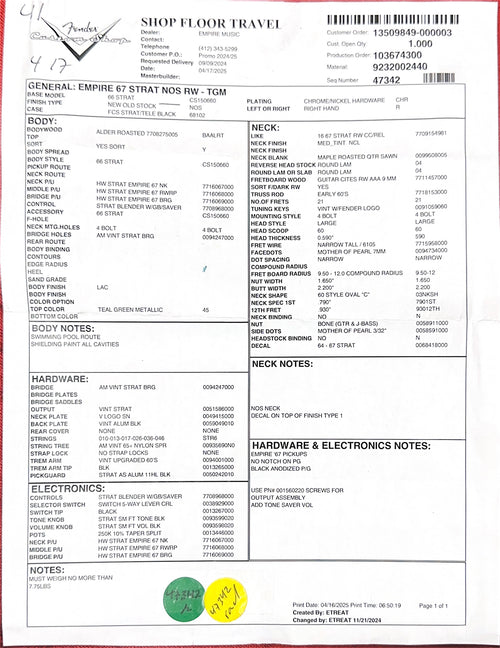 Fender Custom Shop Empire 67 Stratocaster NOS - Teal Green Metallic #85029