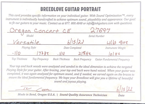 Used Breedlove Oregon Concert CE Myrtlewood (2022) - Natural #27697 with Original Hard Case