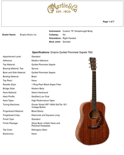 Martin Custom Shop D-28 Style Quilted Pommele Sapele (Empire Music Spec) #32437