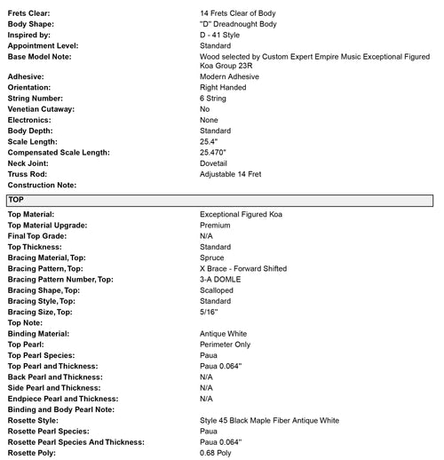 Martin Custom Shop D-41 Style Exceptional Figured Koa Toasted Burst (Empire Music Spec) #37051