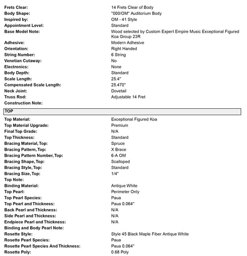 Martin Custom Shop OM-41 Style Exceptional Figured Koa Toasted Burst (Empire Music Spec) #32429
