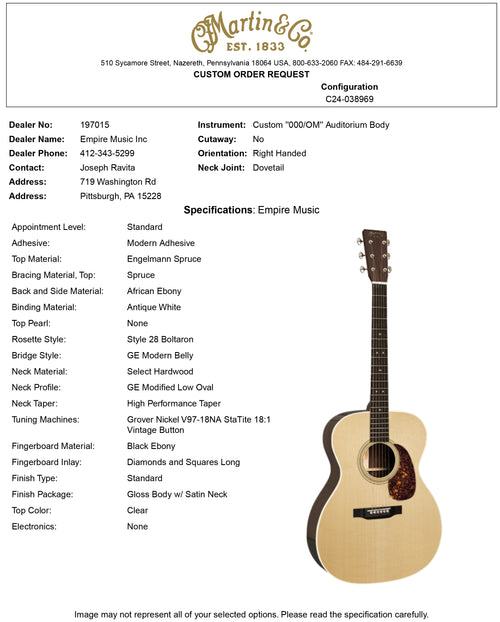 Martin Custom Shop 000-28 Style Engelmann Spruce/African Ebony #59954 (Empire Music Spec)