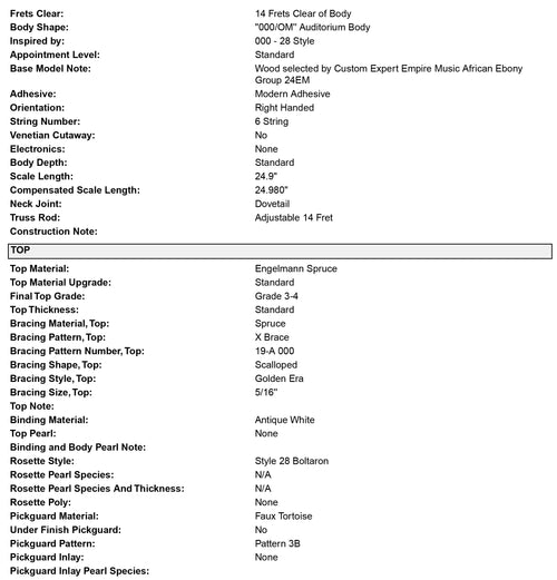 Martin Custom Shop 000-28 Style Engelmann Spruce/African Ebony #59954 (Empire Music Spec)