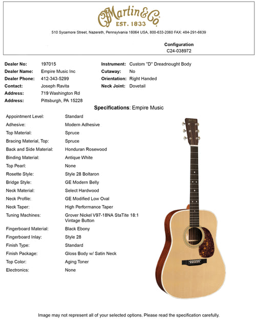 Martin Custom Shop D-28 Style Honduran Rosewood - Natural #53702 (Empire Music Spec)