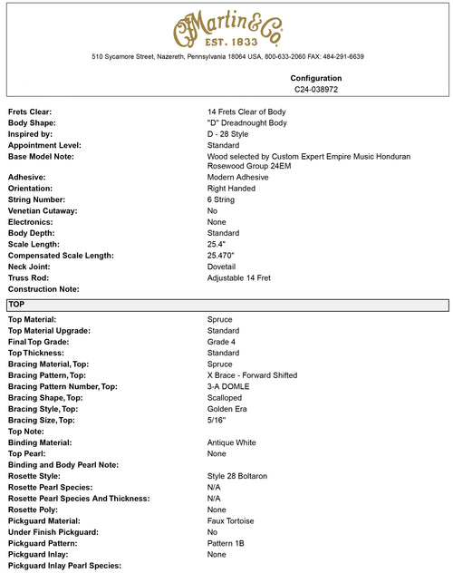 Martin Custom Shop D-28 Style Honduran Rosewood - Natural #53702 (Empire Music Spec)