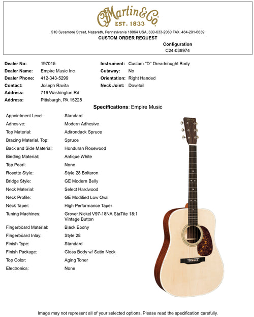 Martin Custom Shop D-28 Style Adirondack Spruce/Honduran Rosewood - Natural #53704 (Empire Music Spec)