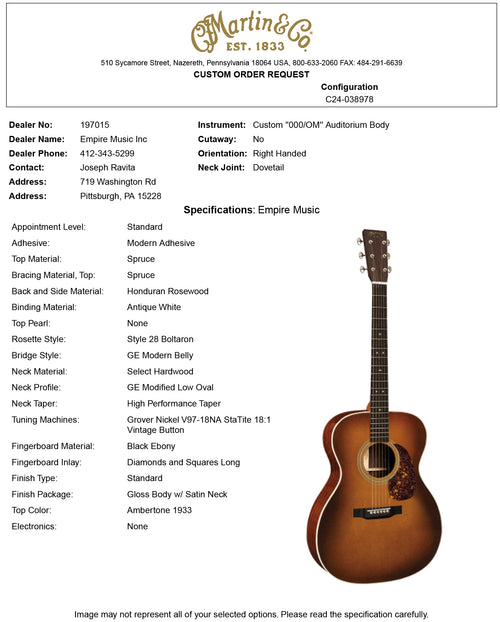 Martin Custom Shop 000-28 Style Honduran Rosewood - 1933 Ambertone (Empire Music Spec) #45153