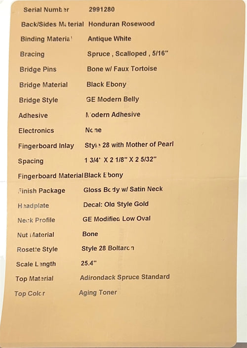 Martin Custom Shop D-28 Style Adirondack Spruce/Honduran Rosewood - Natural #91280 (Empire Music Spec)