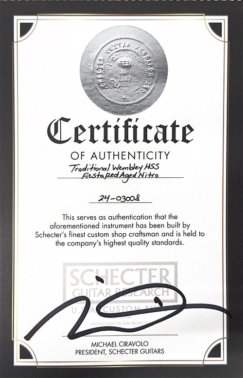 Used Schecter Custom Shop Traditional USA Wembley HSS - Fiesta Red Aged Nitro #03008 with Original Hard Case