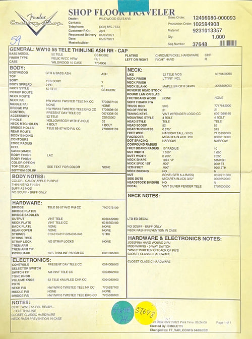 Used Fender Custom Shop Wildwood 1955 Thinline Tele (2021) - Candy Apple Purple #13383 with Original Hard Case