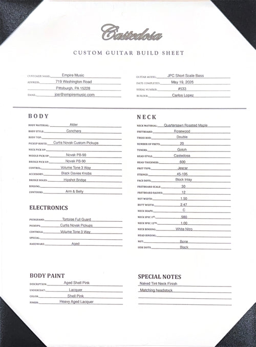 Castedosa Guitars JPC Short Scale Bass - Aged Shell Pink #533