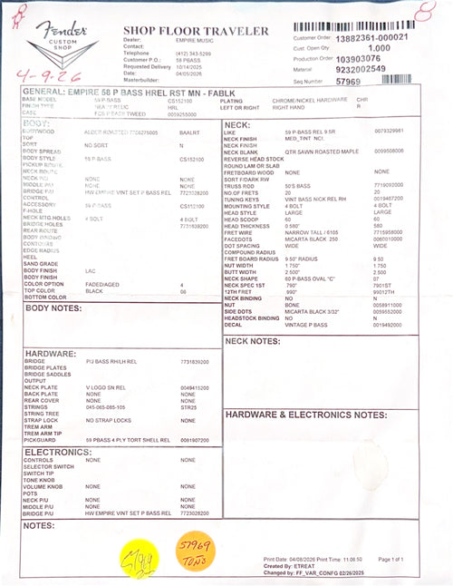 Fender Custom Shop Empire 58 Precision Bass Heavy Relic - Faded Aged Black #90930