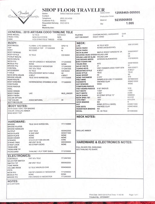 Used Fender Custom Shop Aritsan Thinline Telecaster Cocobolo (2019) #94031 with Original Hard Case