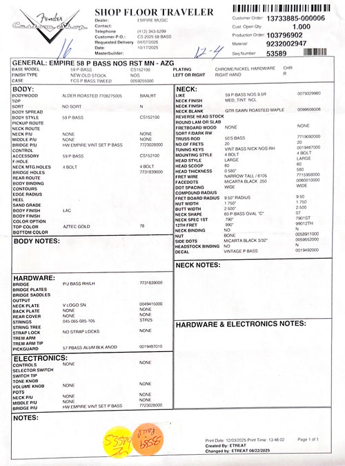 Fender Custom Shop Empire 58 Precision Bass NOS - Aztec Gold #89336