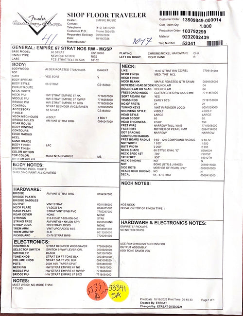 Fender Custom Shop Empire 67 Stratocaster NOS - Magenta Sparkle #87900