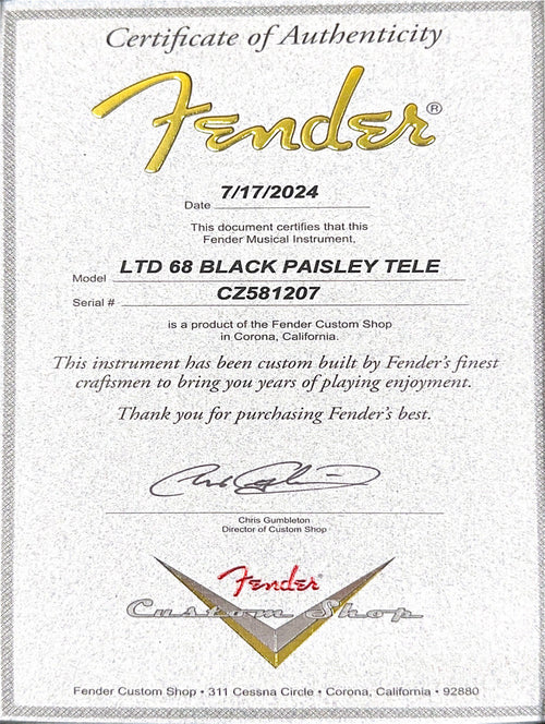 Fender Custom Shop Limited Edition '68 Black Paisley Telecaster Relic #81207